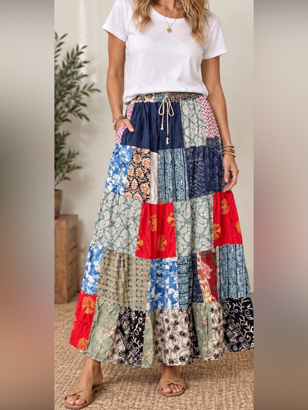 Women's Boho Patchwork Maxi Skirt - Multi